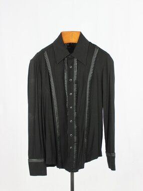 SHRINE OF HOLLYWOOD Black Twill Satin Pleated Trim Button Down Tux Shirt, Size M
